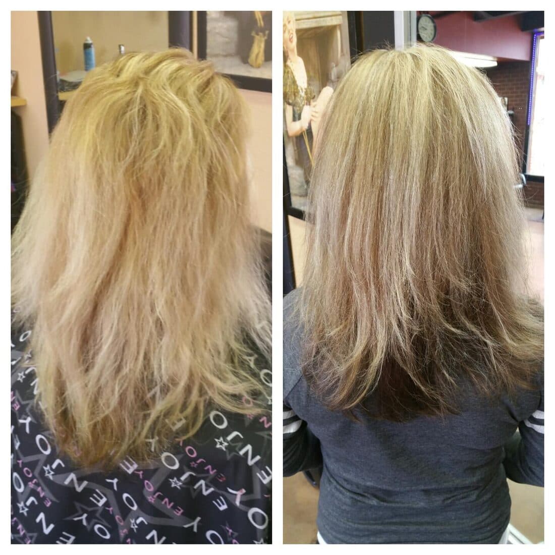 Before and after blonde smoothing and color refresh