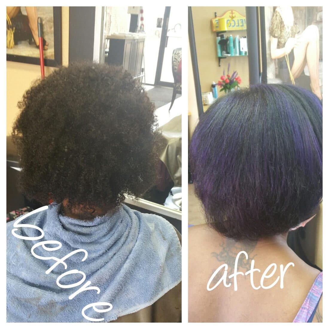 Before and after — curly hair to a sleek dark bob