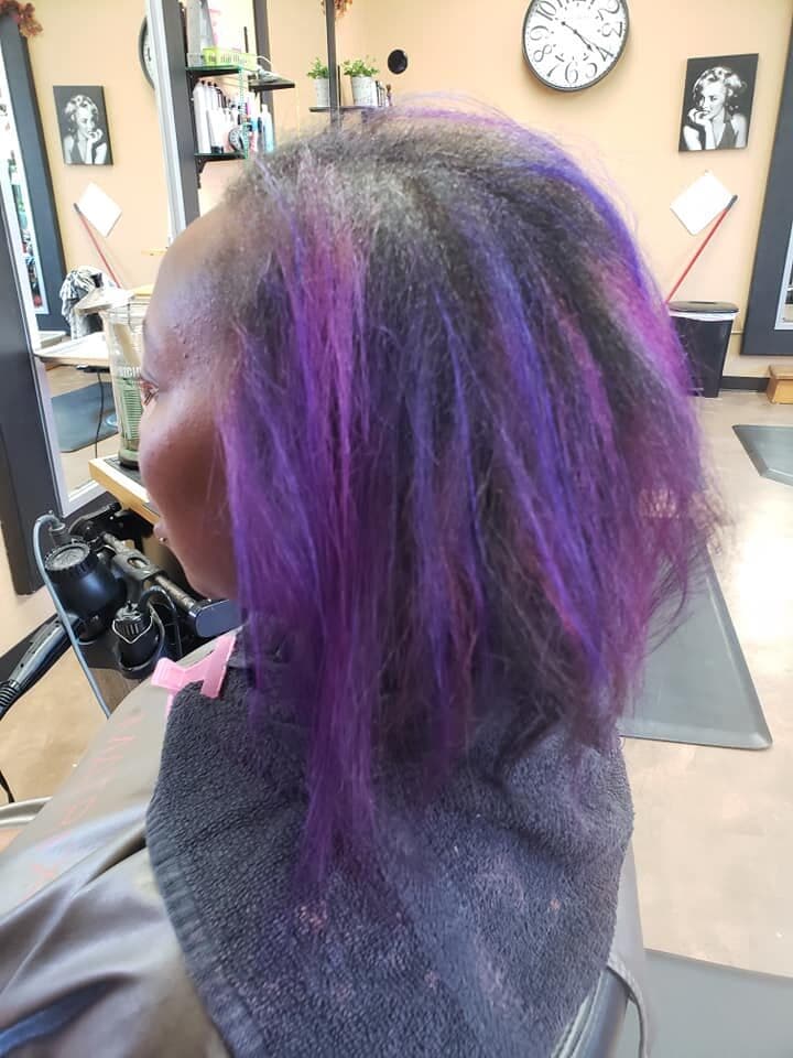 Rich purple color melt on long dark hair