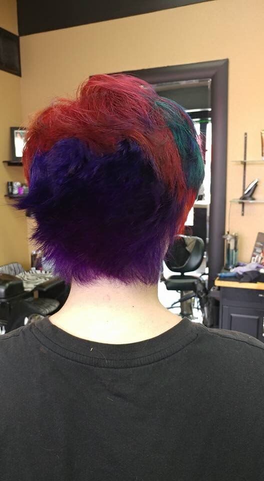 Bold red, purple and teal vivid color on a textured cut